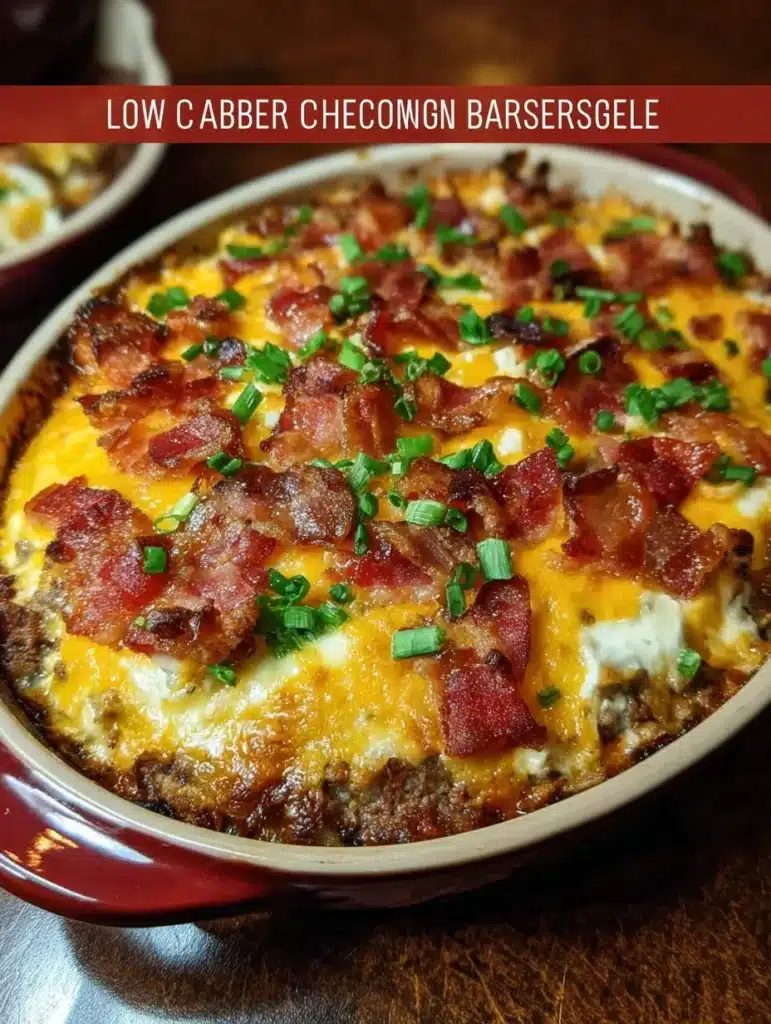 Delicious low carb bacon cheeseburger casserole topped with melted cheese