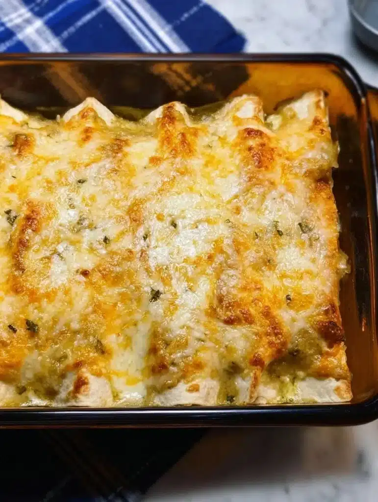 Plate of low carb white chicken enchiladas topped with cheese and cilantro