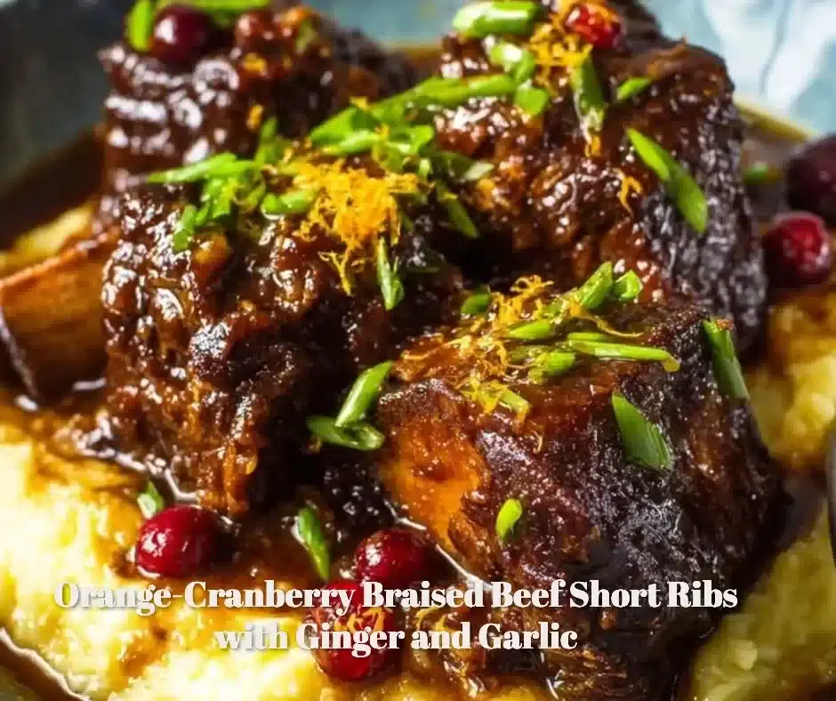 Orange-Cranberry Braised Beef Short Ribs with Ginger and Garlic 1 Delicious orange-cranberry braised beef short ribs garnished with herbs.