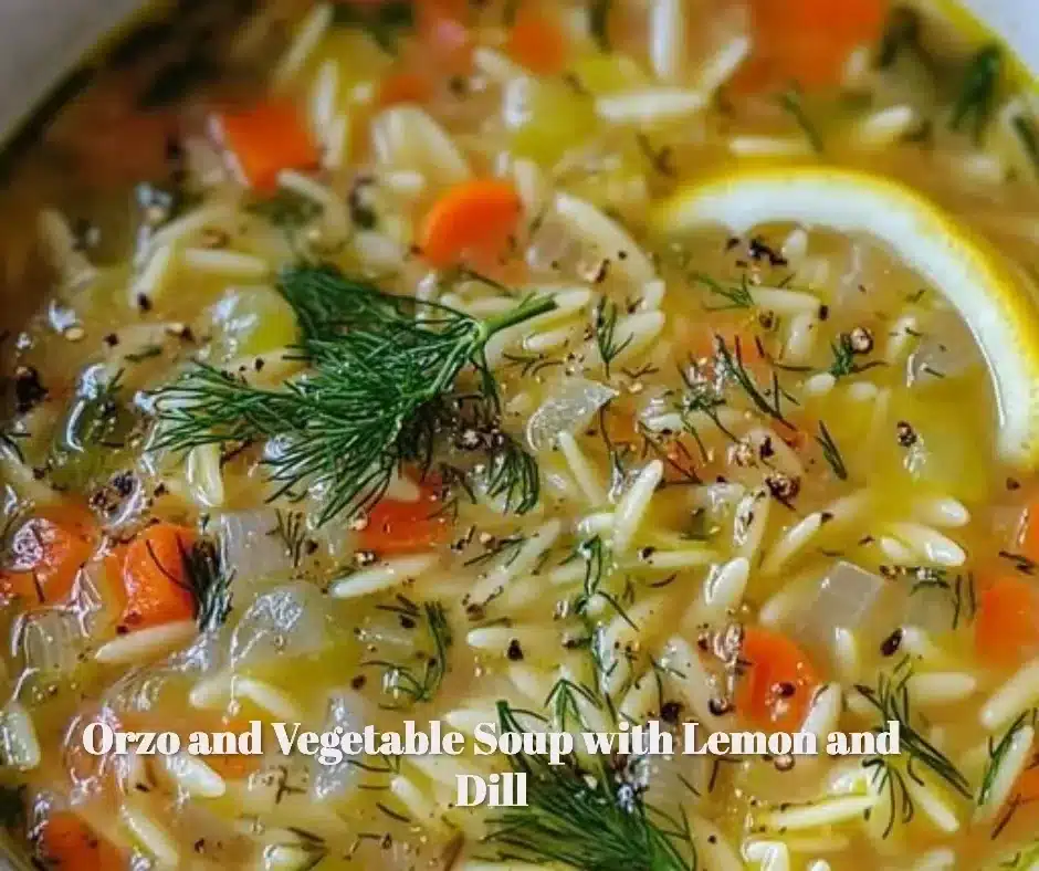 Orzo and Vegetable Soup with Lemon and Dill 1 Orzo and vegetable soup garnished with lemon and dill in a bowl.