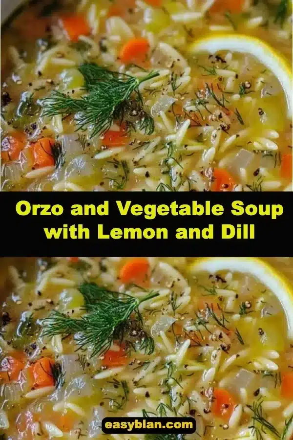 Bowl of orzo and vegetable soup garnished with lemon and dill