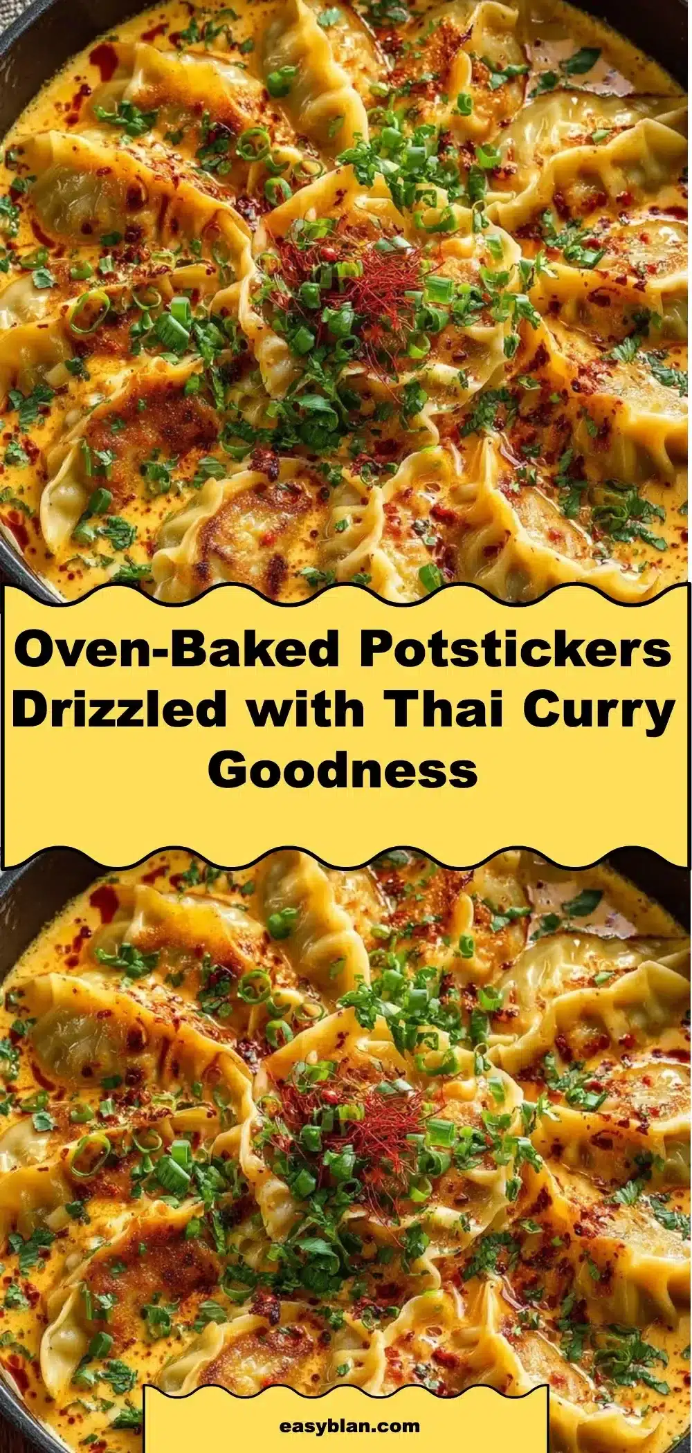 Oven-Baked Potstickers Drizzled with Thai Curry Goodness 1 Oven-baked potstickers with Thai curry sauce on a plate