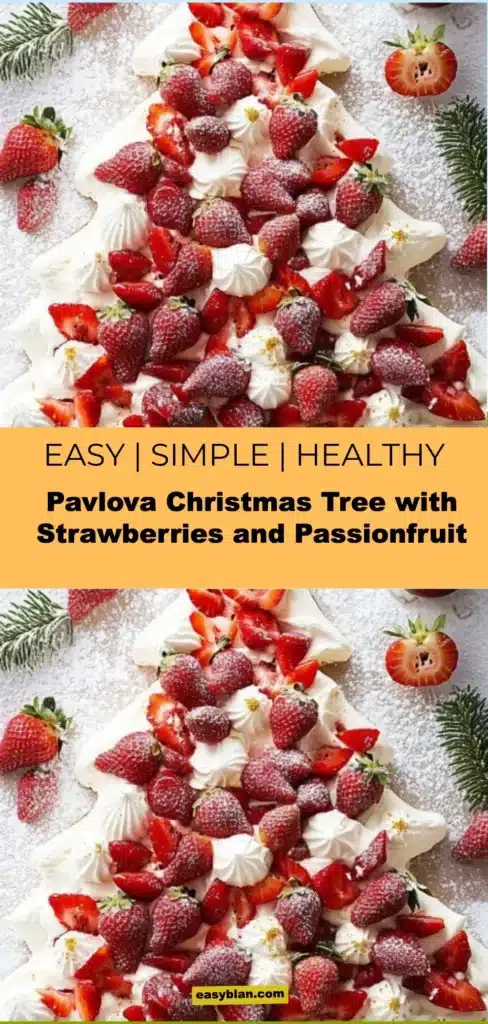 Pavlova Christmas Tree decorated with strawberries and passionfruit for the holidays
