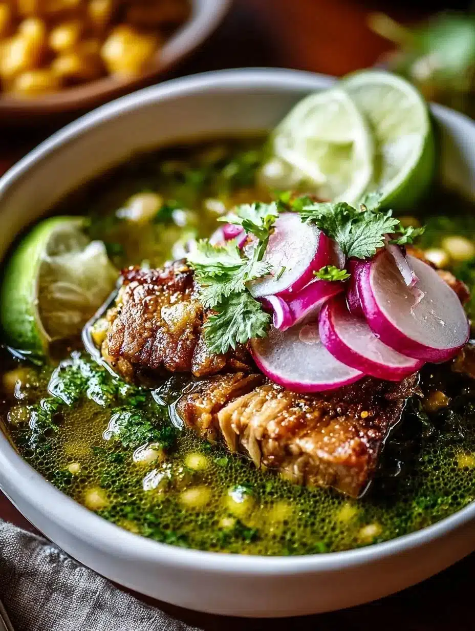 Pork Green Pozole 1 Bowl of delicious Pork Green Pozole topped with radishes and lime