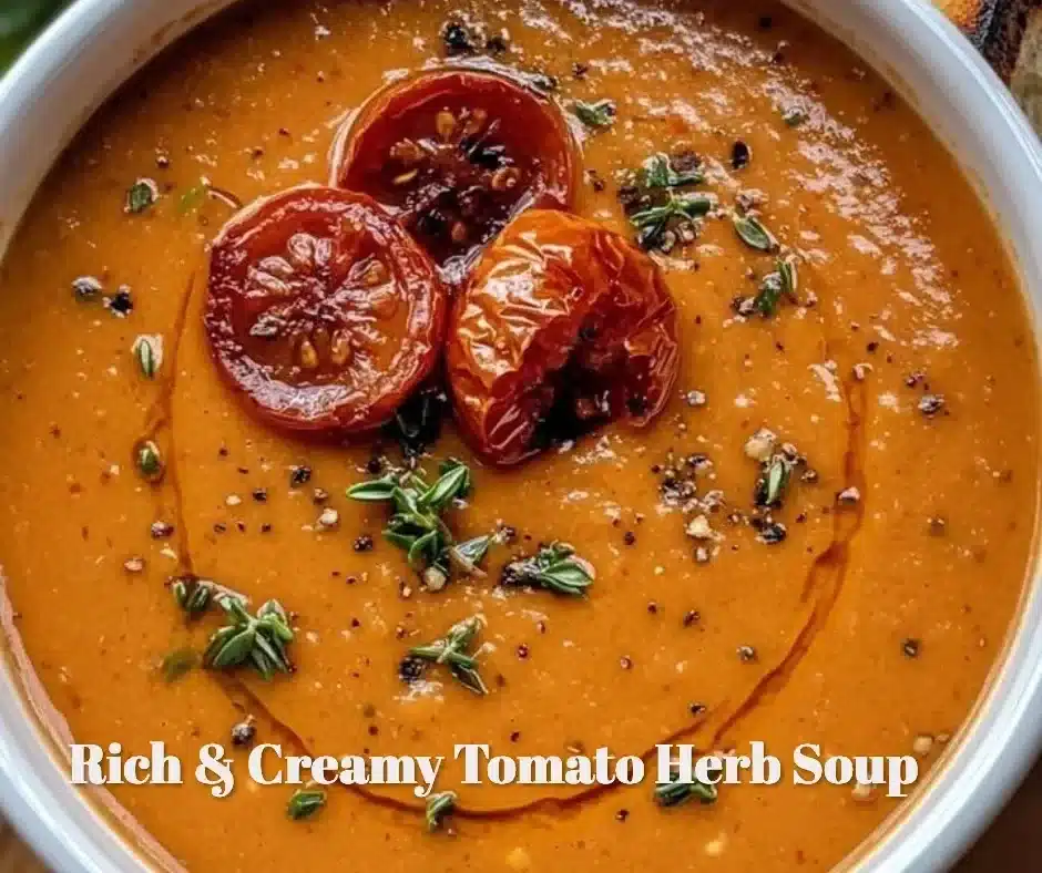 Rich & Creamy Tomato Herb Soup 1 Bowl of rich and creamy tomato herb soup garnished with fresh herbs