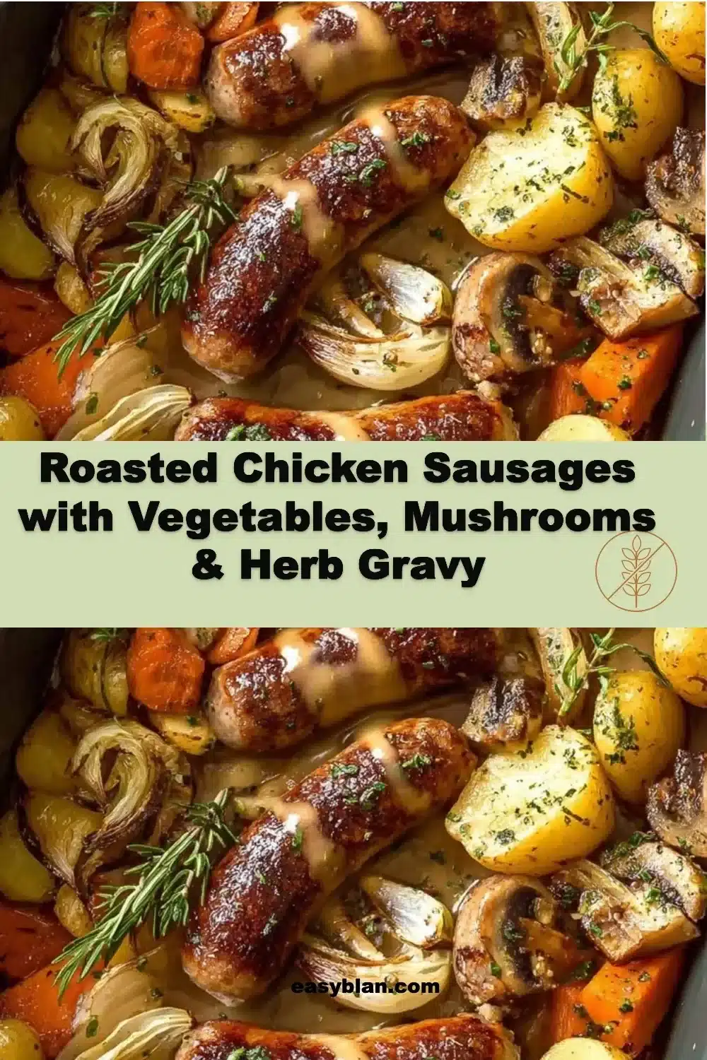 Roasted Chicken Sausages with Vegetables, Mushrooms & Herb Gravy 1 Plate of roasted chicken sausages with vegetables, mushrooms, and herb gravy