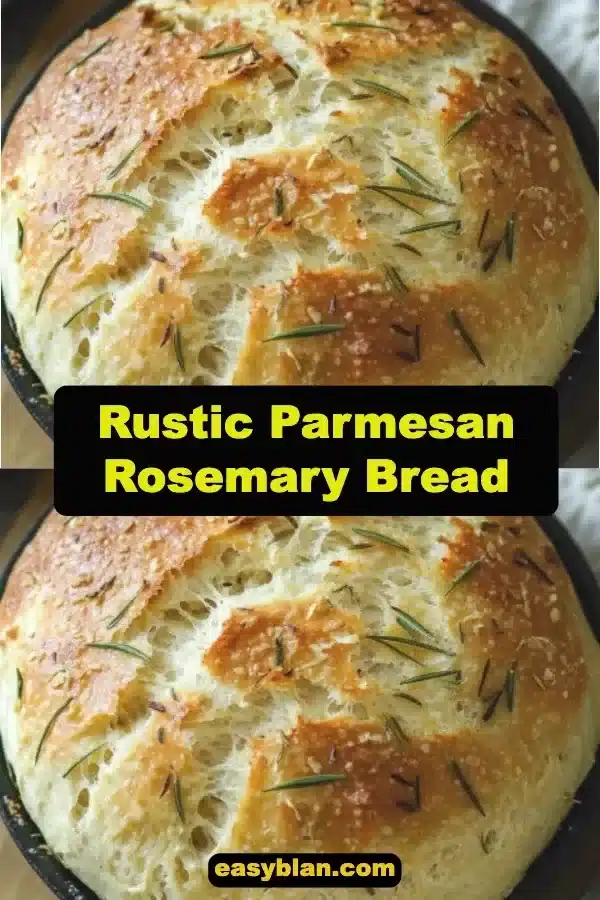 Rustic Parmesan Rosemary Bread 1 Freshly baked Rustic Parmesan Rosemary Bread on a wooden cutting board.