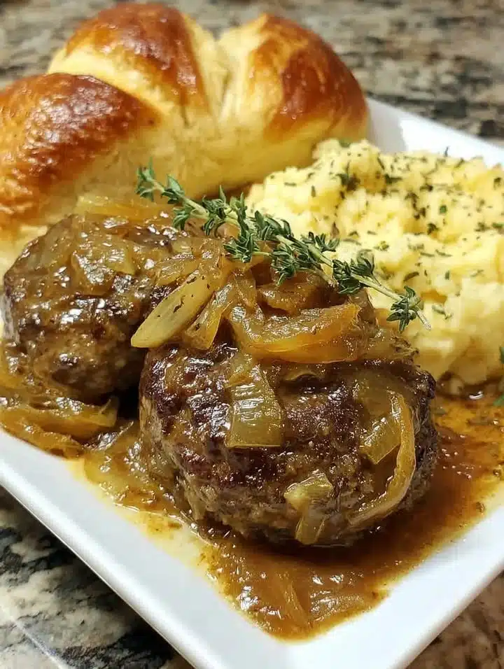 Salisbury Steak served with rich onion gravy on a plate