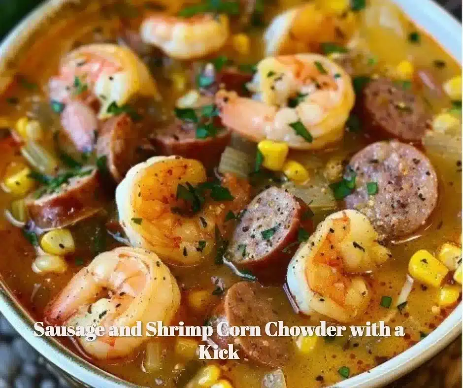 Sausage and Shrimp Corn Chowder with a Kick 1 Bowl of spicy sausage and shrimp corn chowder garnished with herbs