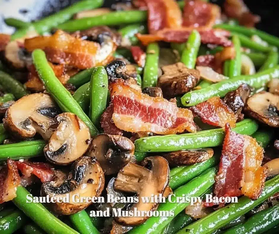 Sautéed green beans with crispy bacon and mushrooms in a skillet