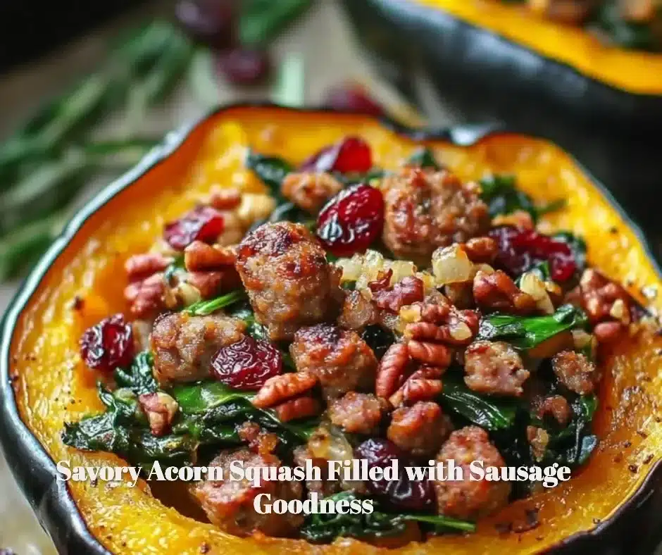 Savory acorn squash stuffed with sausage and herbs, a delicious fall recipe.