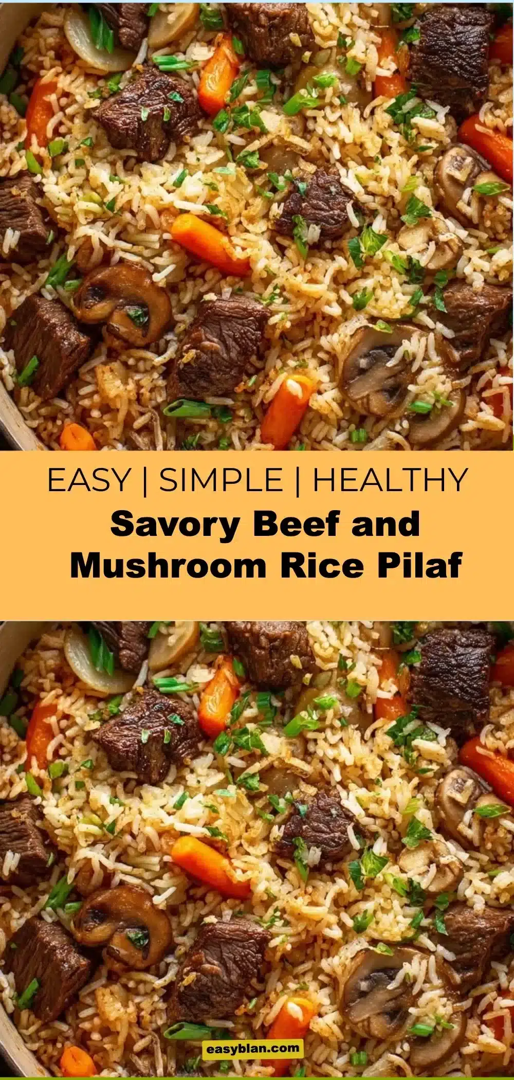 Savory Beef and Mushroom Rice Pilaf 1 Savory beef and mushroom rice pilaf served in a bowl, garnished with herbs.