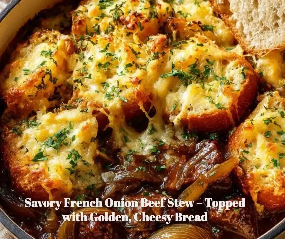 Savory French Onion Beef Stew – Topped with Golden, Cheesy Bread 1 Savory French Onion Beef Stew with golden, cheesy bread on top