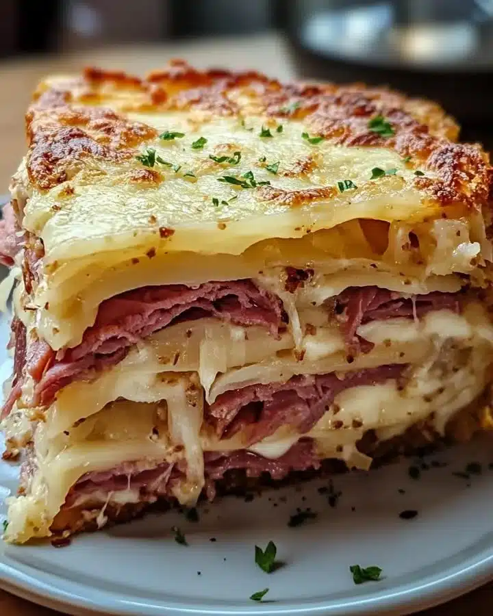 Delicious Savory Reuben Bake with layers of corned beef, sauerkraut, and cheese.