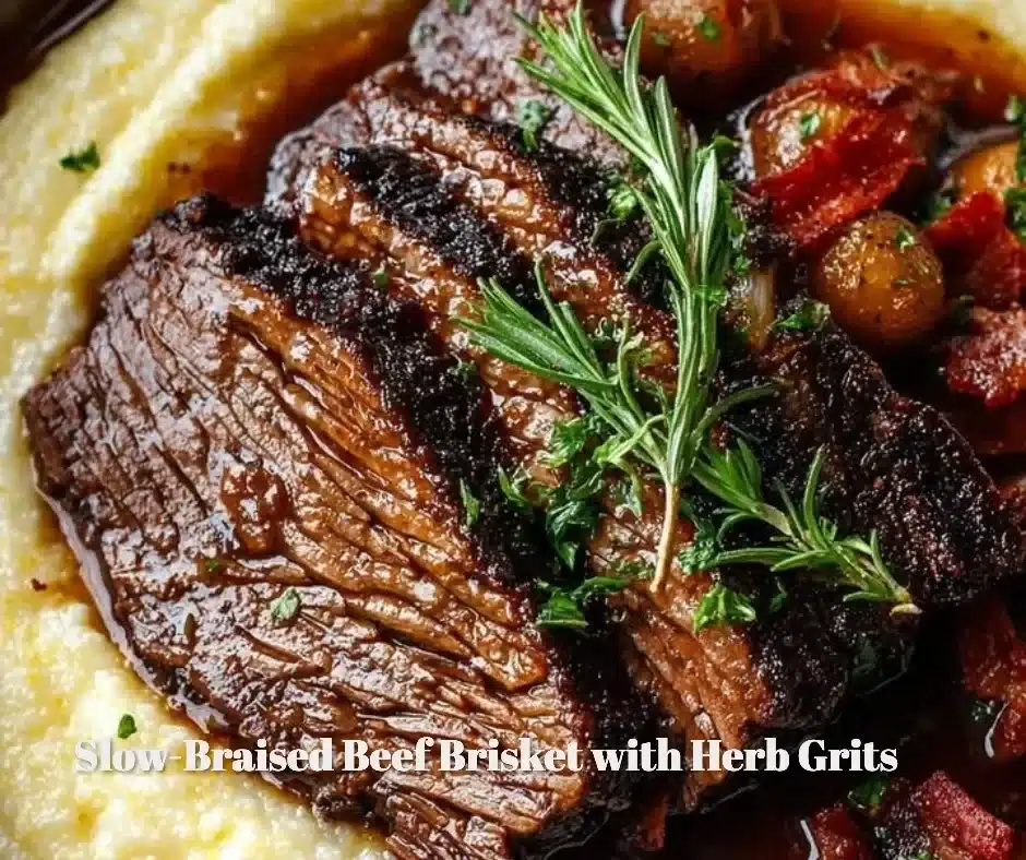 Slow-Braised Beef Brisket with Herb Grits 1 Delicious slow-braised beef brisket with creamy herb grits on a plate