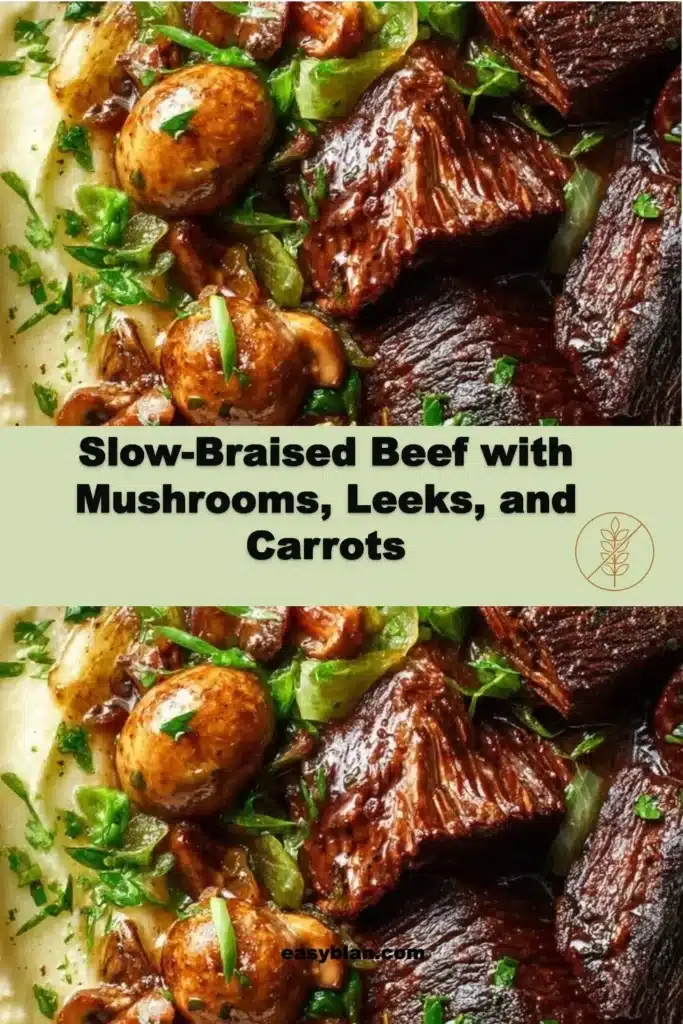 Delicious slow-braised beef with mushrooms, leeks, and carrots served in a bowl.