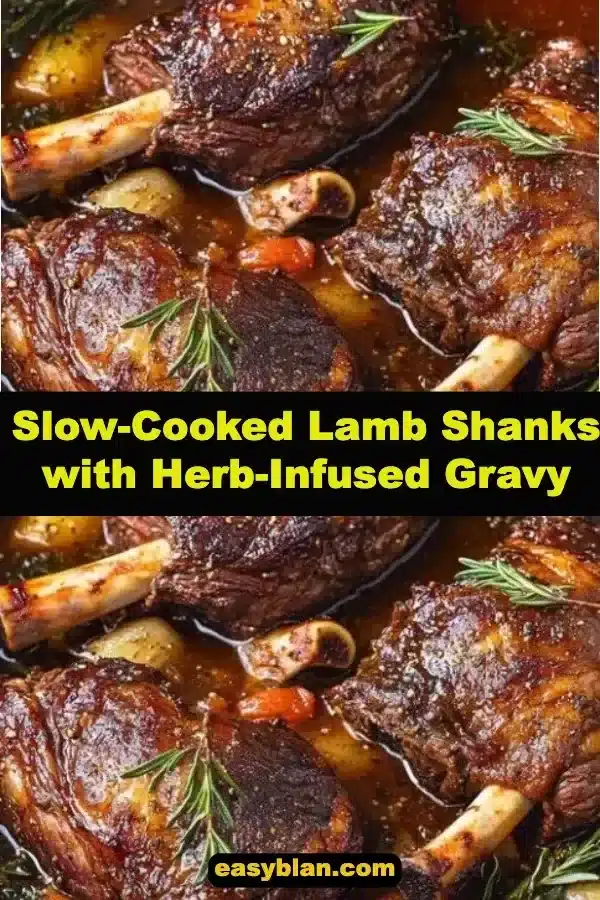 Slow-cooked lamb shanks in herb-infused gravy served on a plate.