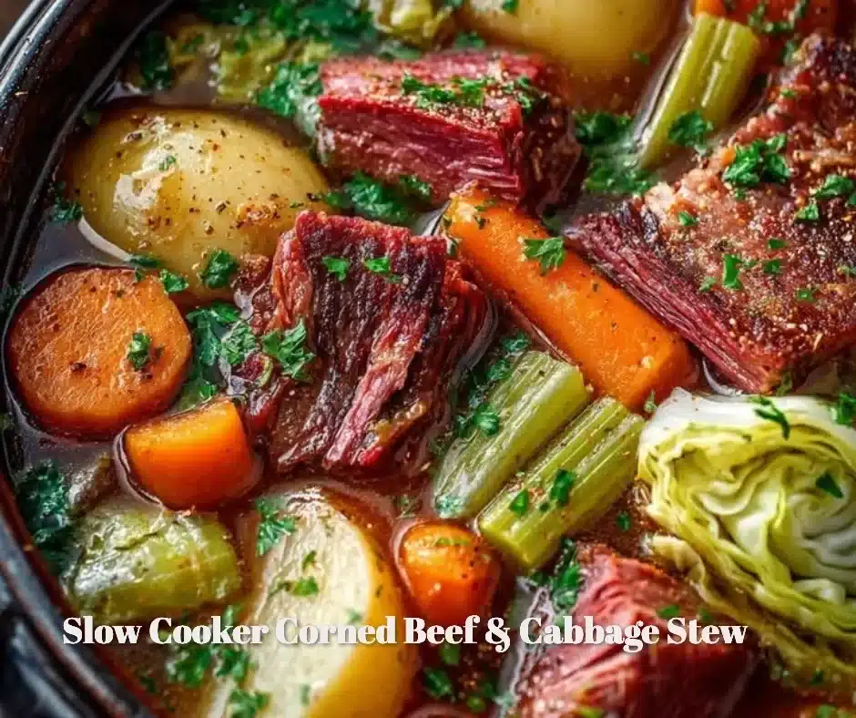 Delicious slow cooker corned beef and cabbage stew in a bowl
