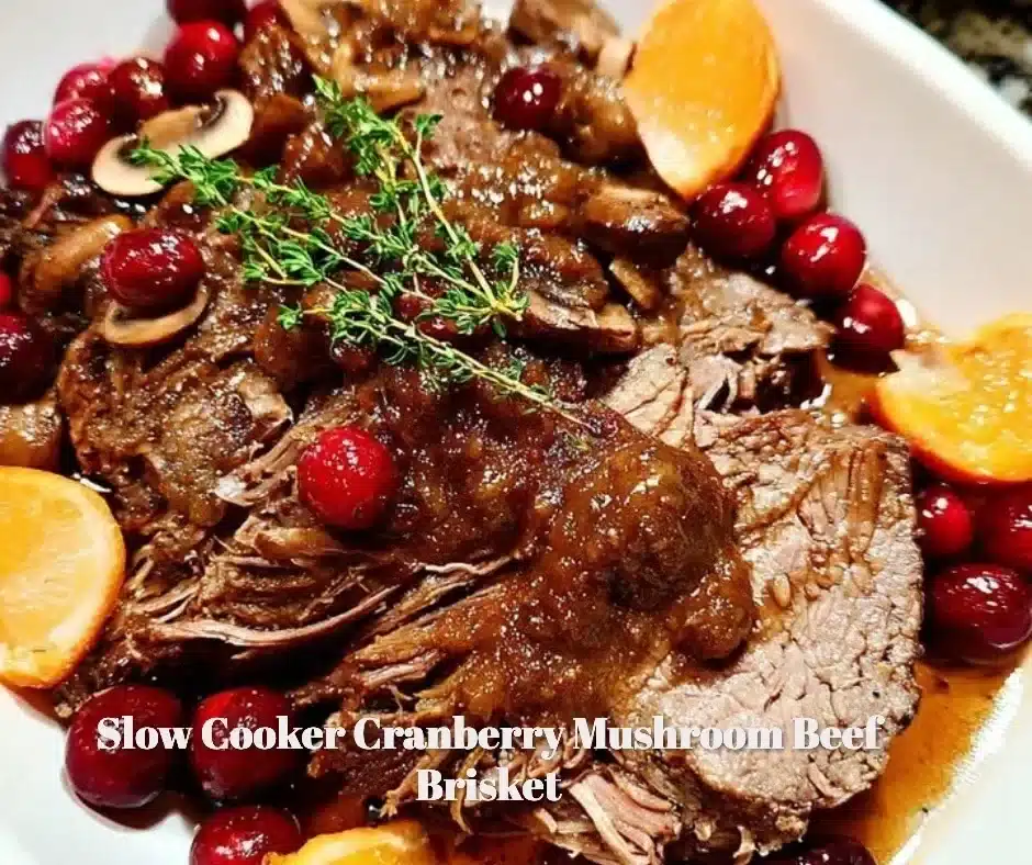 Slow cooker cranberry mushroom beef brisket dish with tender meat and savory sauce