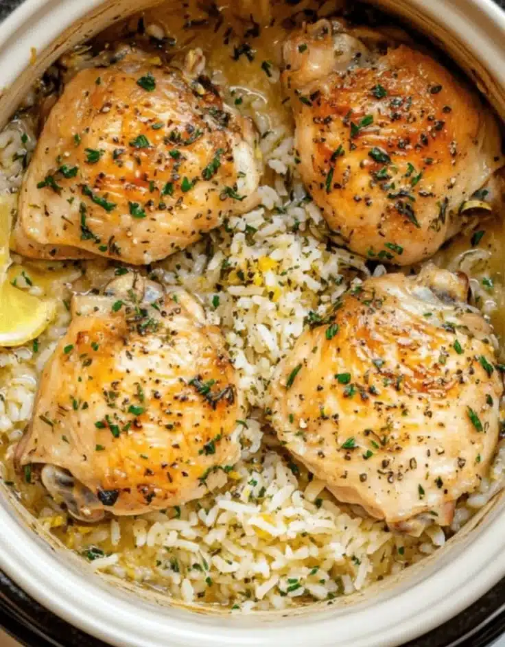 Slow Cooker Lemon Herb Chicken served with fluffy rice in a bowl