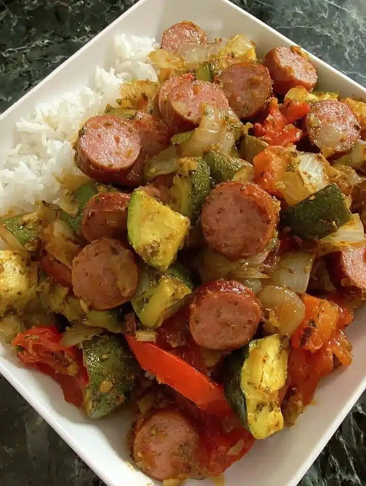 Smoked Sausage Veggie Skillet with colorful vegetables and smoked sausage slices