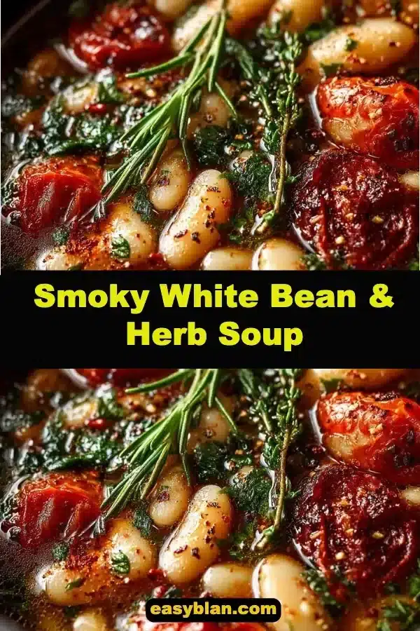 Bowl of smoky white bean & herb soup topped with fresh herbs.