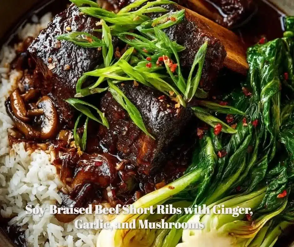Soy-Braised Beef Short Ribs with Ginger, Garlic, and Mushrooms 1 Delicious soy-braised beef short ribs cooked with ginger, garlic, and mushrooms