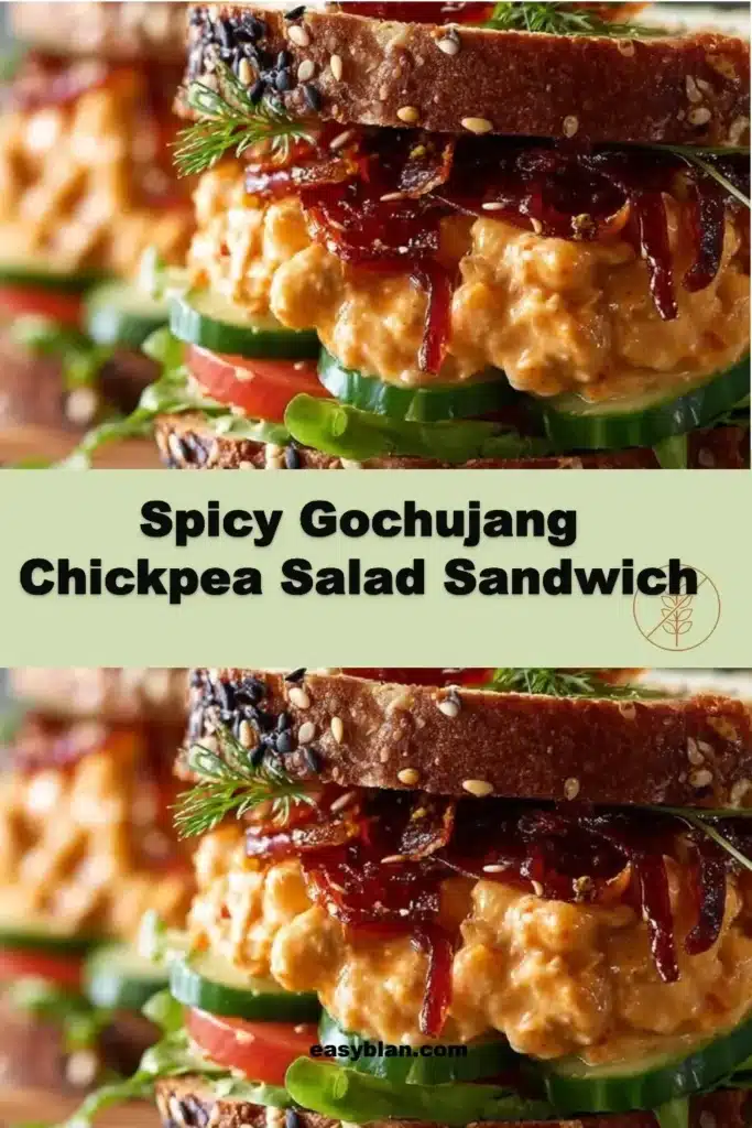 Spicy gochujang chickpea salad sandwich with fresh vegetables