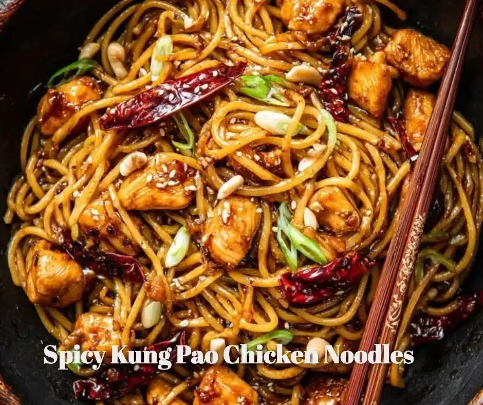 Spicy Kung Pao Chicken Noodles garnished with vegetables and peanuts