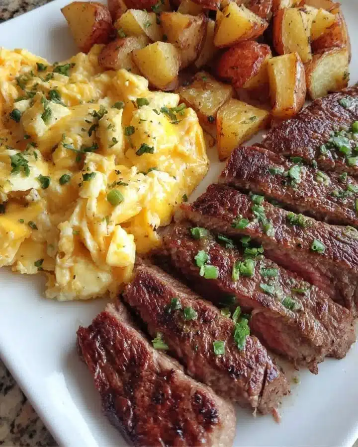 Steak, Eggs & Crispy Potatoes 1 Plate of steak, eggs, and crispy potatoes for breakfast