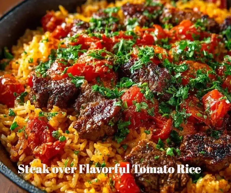 Juicy steak on flavorful tomato rice, a delicious and satisfying meal.
