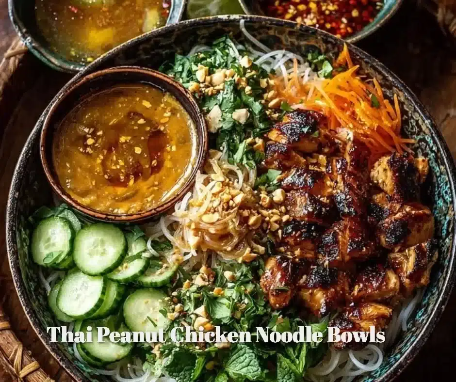 Thai peanut chicken noodle bowl with fresh vegetables and savory sauce