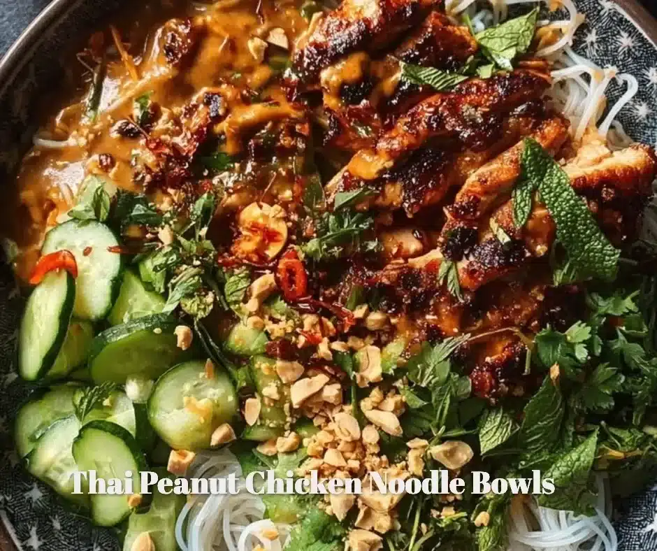 Thai Peanut Chicken Noodle Bowls 1 Delicious Thai Peanut Chicken Noodle Bowl garnished with fresh vegetables.