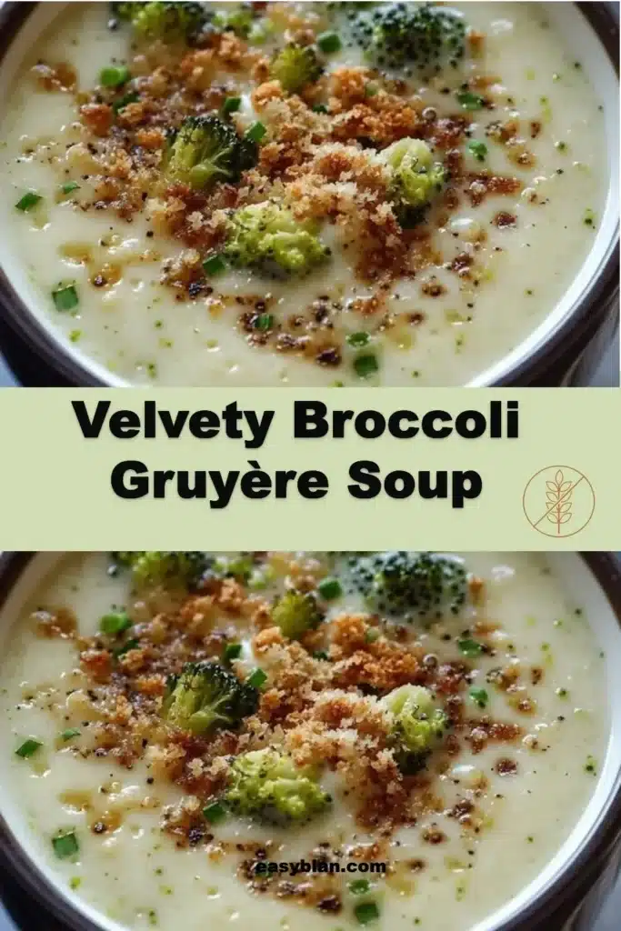 Creamy and velvety broccoli gruyère soup served in a bowl