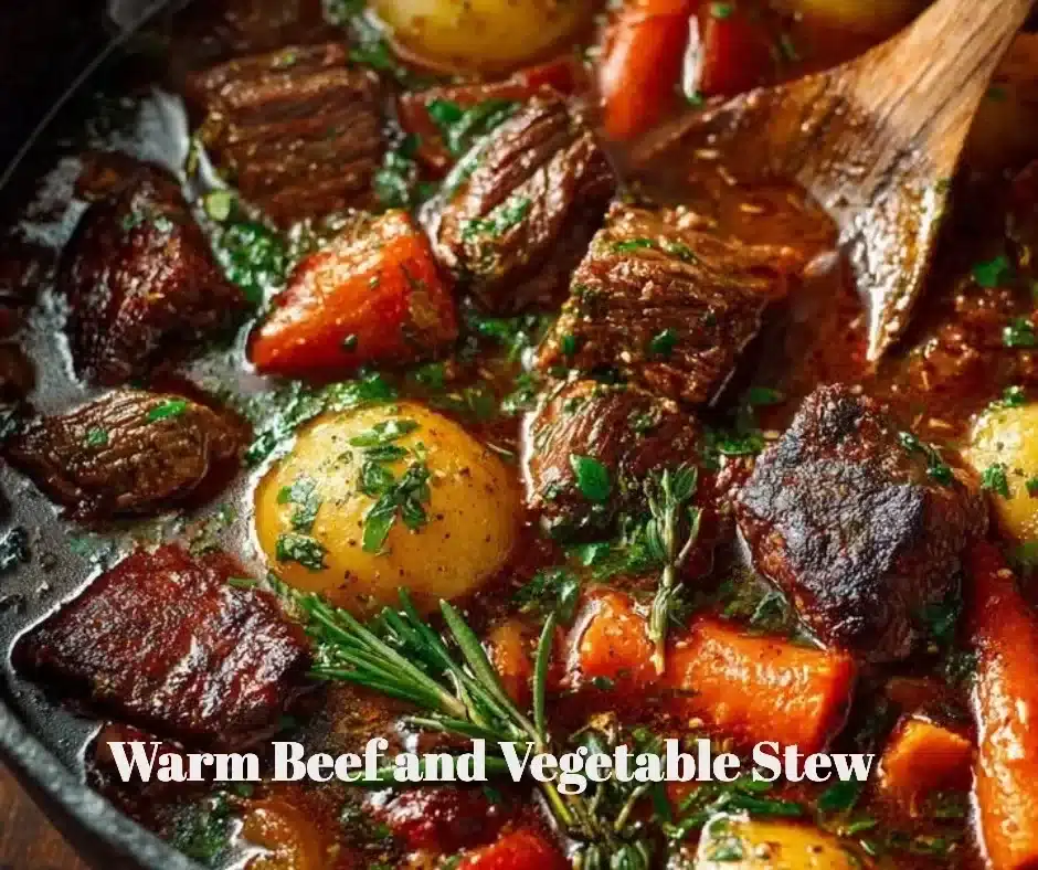 Warm Beef and Vegetable Stew 1 Delicious warm beef and vegetable stew served in a rustic bowl