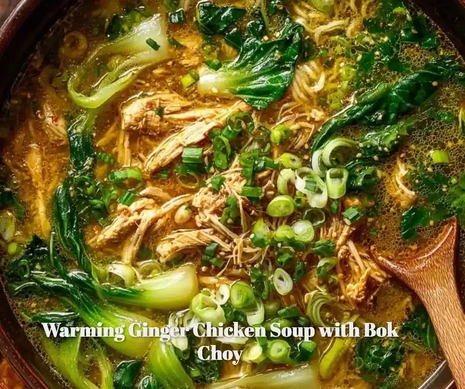 Bowl of warm ginger chicken soup with bok choy and herbs