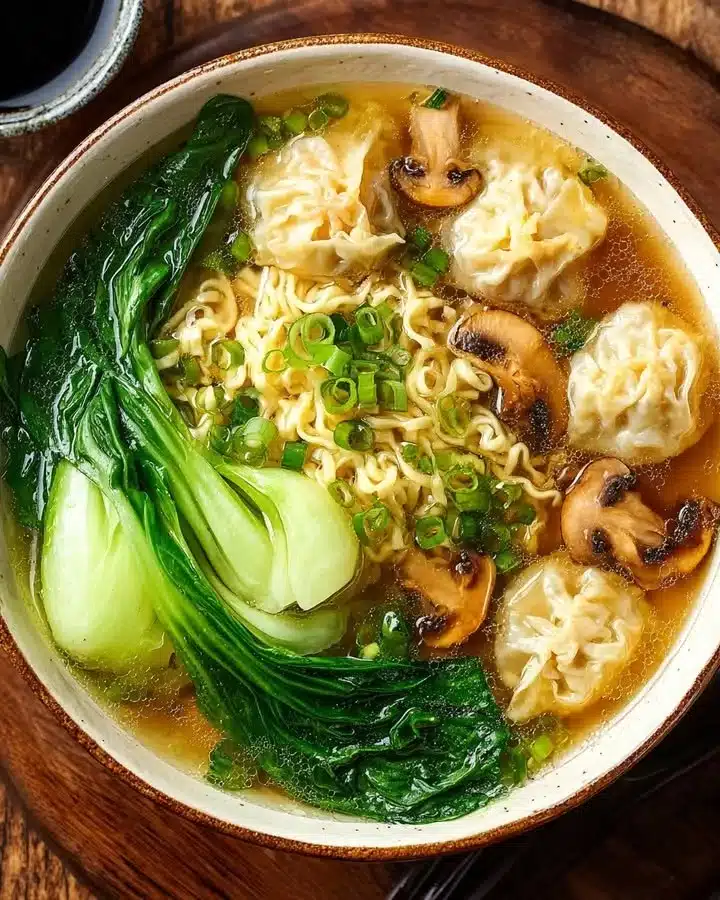 Bowl of wonton noodle soup with mushrooms topped with green onions