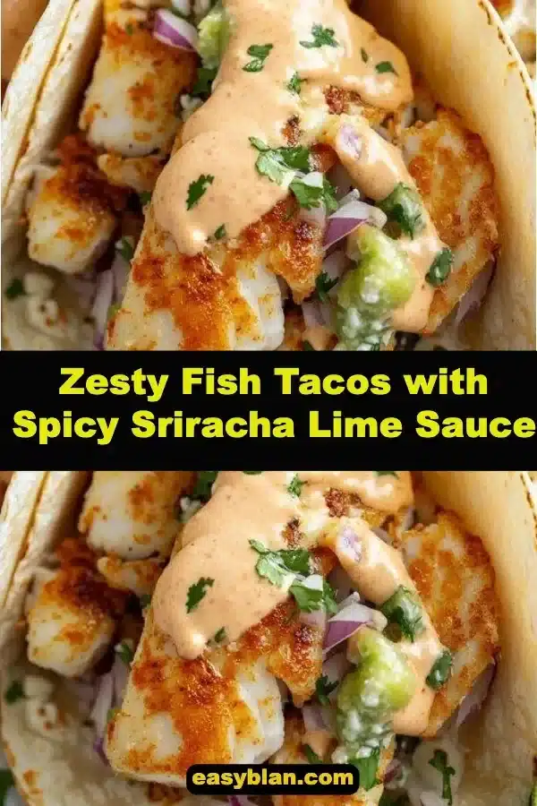 Zesty Fish Tacos with Spicy Sriracha Lime Sauce 1 Zesty fish tacos with spicy Sriracha lime sauce, garnished with fresh ingredients.