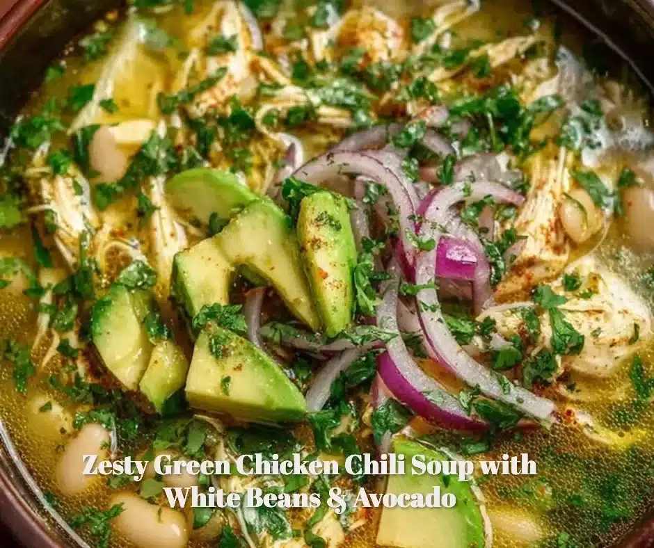 Zesty Green Chicken Chili Soup with White Beans & Avocado 1 Zesty green chicken chili soup with white beans and avocado in a bowl