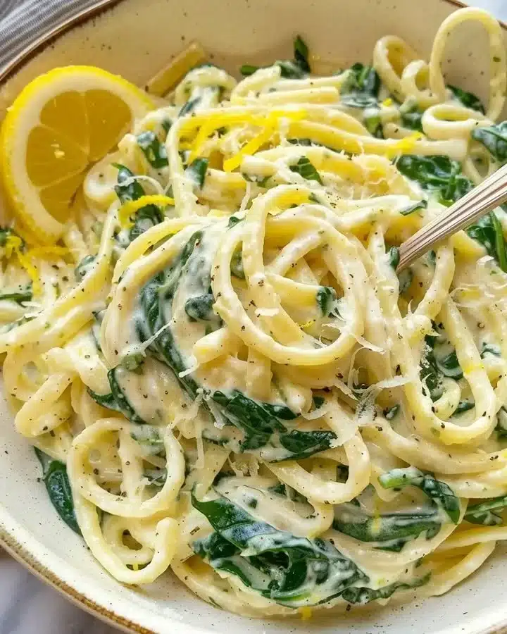 Bowl of lemon ricotta pasta with spinach garnished with lemon zest