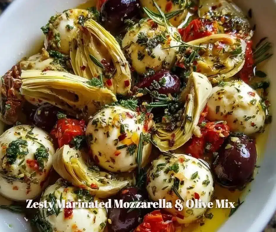 Zesty marinated mozzarella and olive mix in a bowl