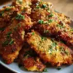 Crispy Air Fryer Parmesan Crusted Chicken served on a plate with herbs