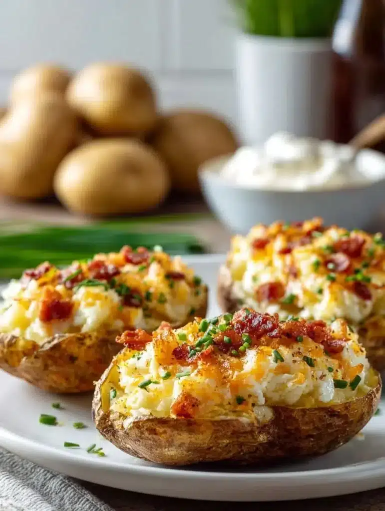 Air Fryer twice baked potatoes served on a plate, topped with cheese and chives.