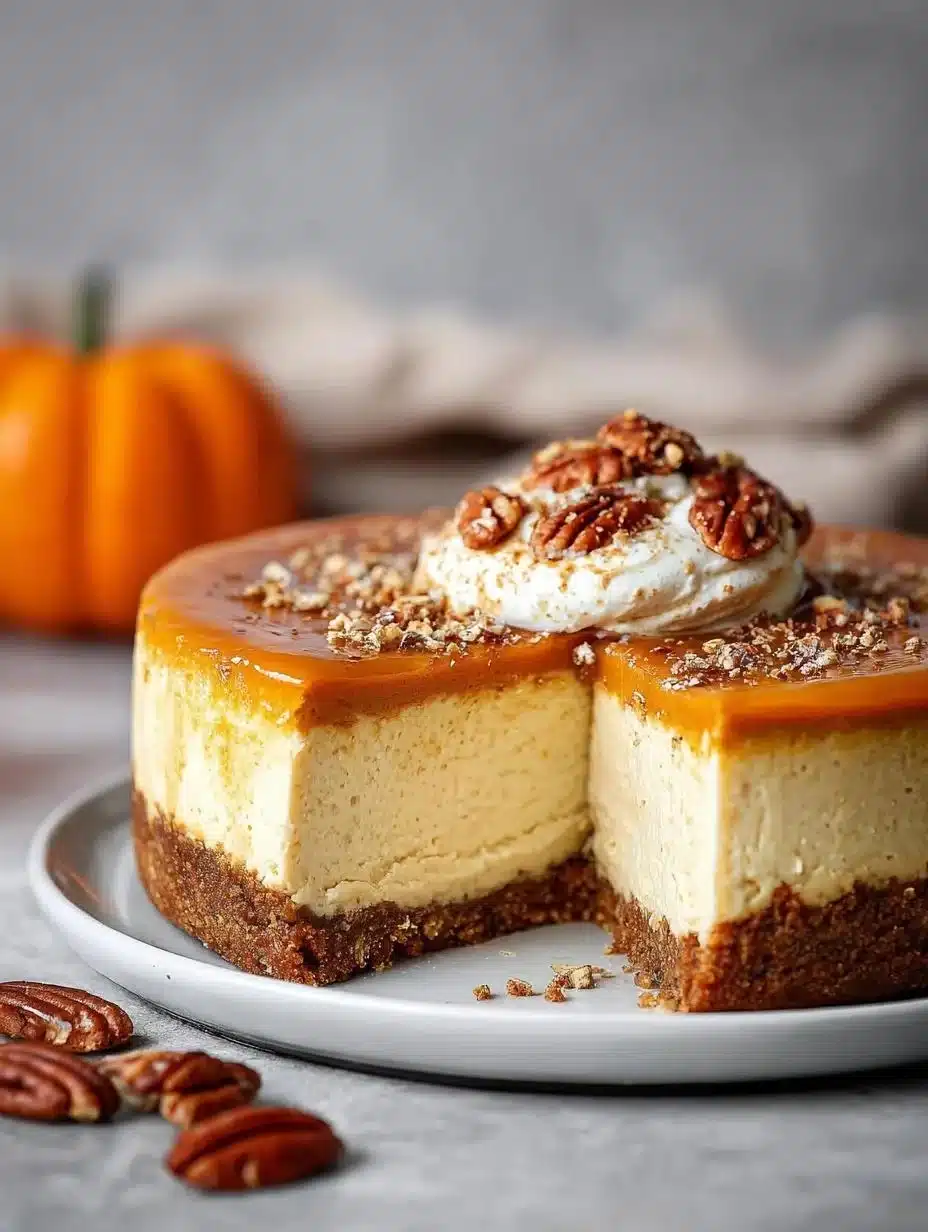 Delicious pumpkin cheesecake topped with crunchy pecans, perfect for dessert.
