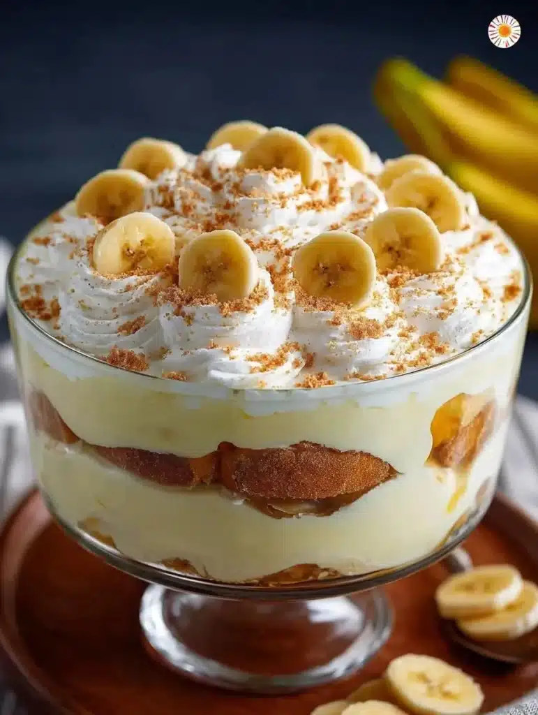 Delicious banana pudding dessert in a glass topped with whipped cream