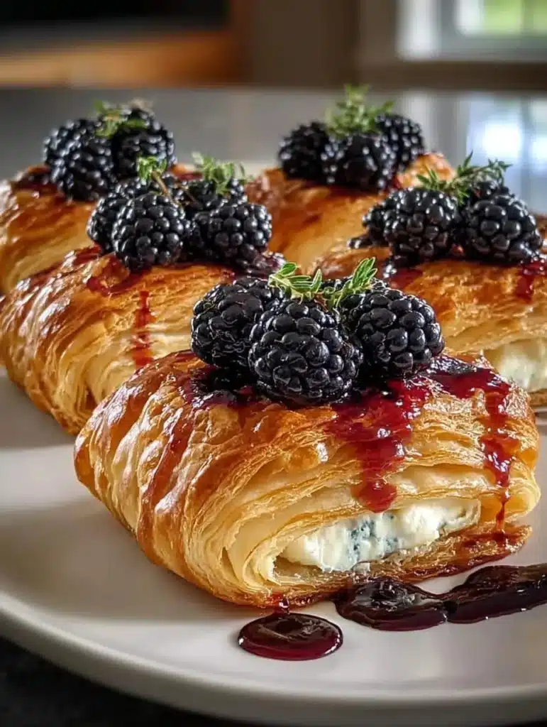 Delicious Blackberry Goat Cheese Puff appetizer with a flaky pastry exterior.