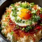 Bobby Flay's crispy rice dish garnished with fresh herbs