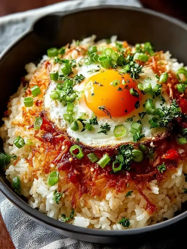 Bobby Flay's crispy rice dish garnished with fresh herbs