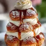 Elegant Caramel Cream Croquembouche Tower for festive occasions