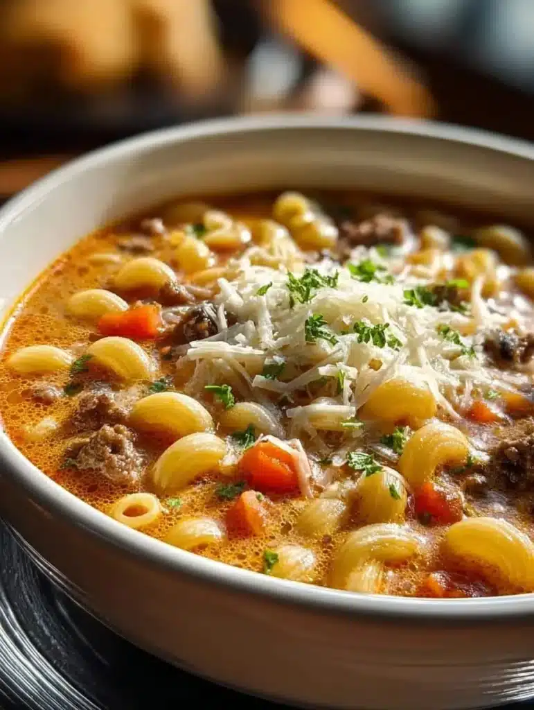 Bowl of comforting Cheeseburger Macaroni Soup topped with cheese and herbs